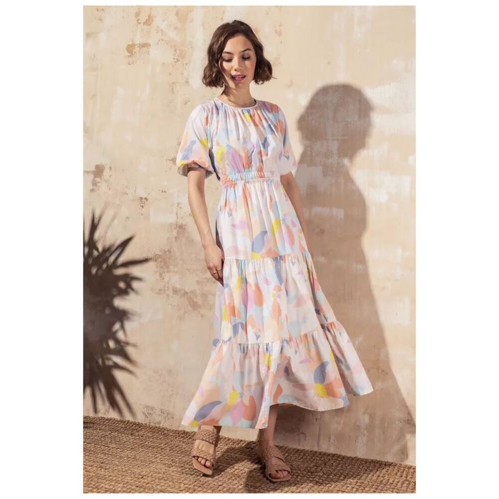 Mott50 Stella Puff Sleeve Tiered Midi Dress Bleached Honeysuckle Size XS